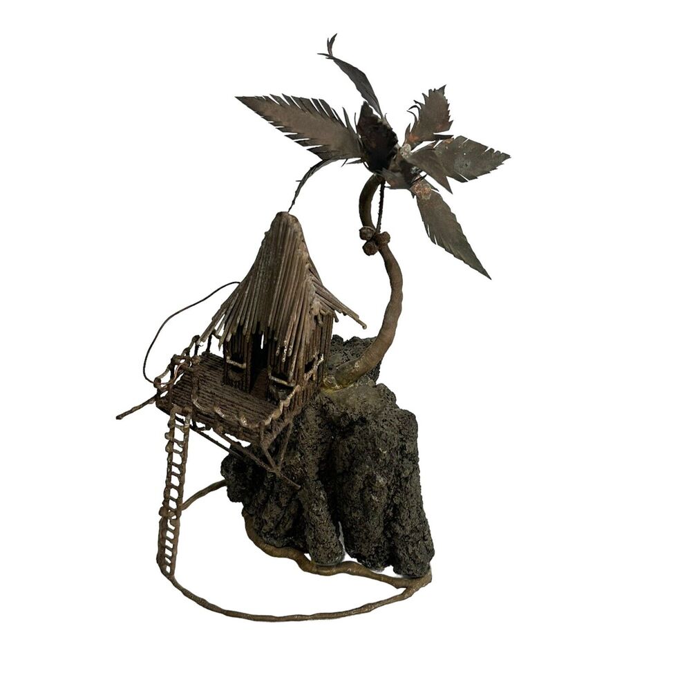Vintage MCM Lava Rock / Brass Fishing Hut Brutalist Art Sculpture